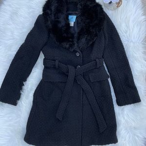 Marciano Wool Faux Fur Collar Basket Weave Belted